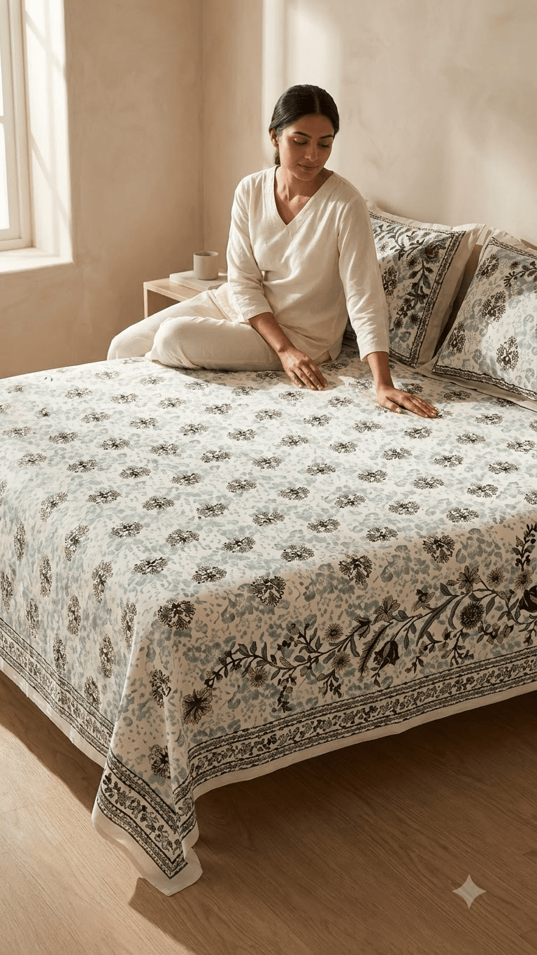 Mint Green and Dark Floral Block-Print Style Cotton Double Bedsheet with Pillow Covers