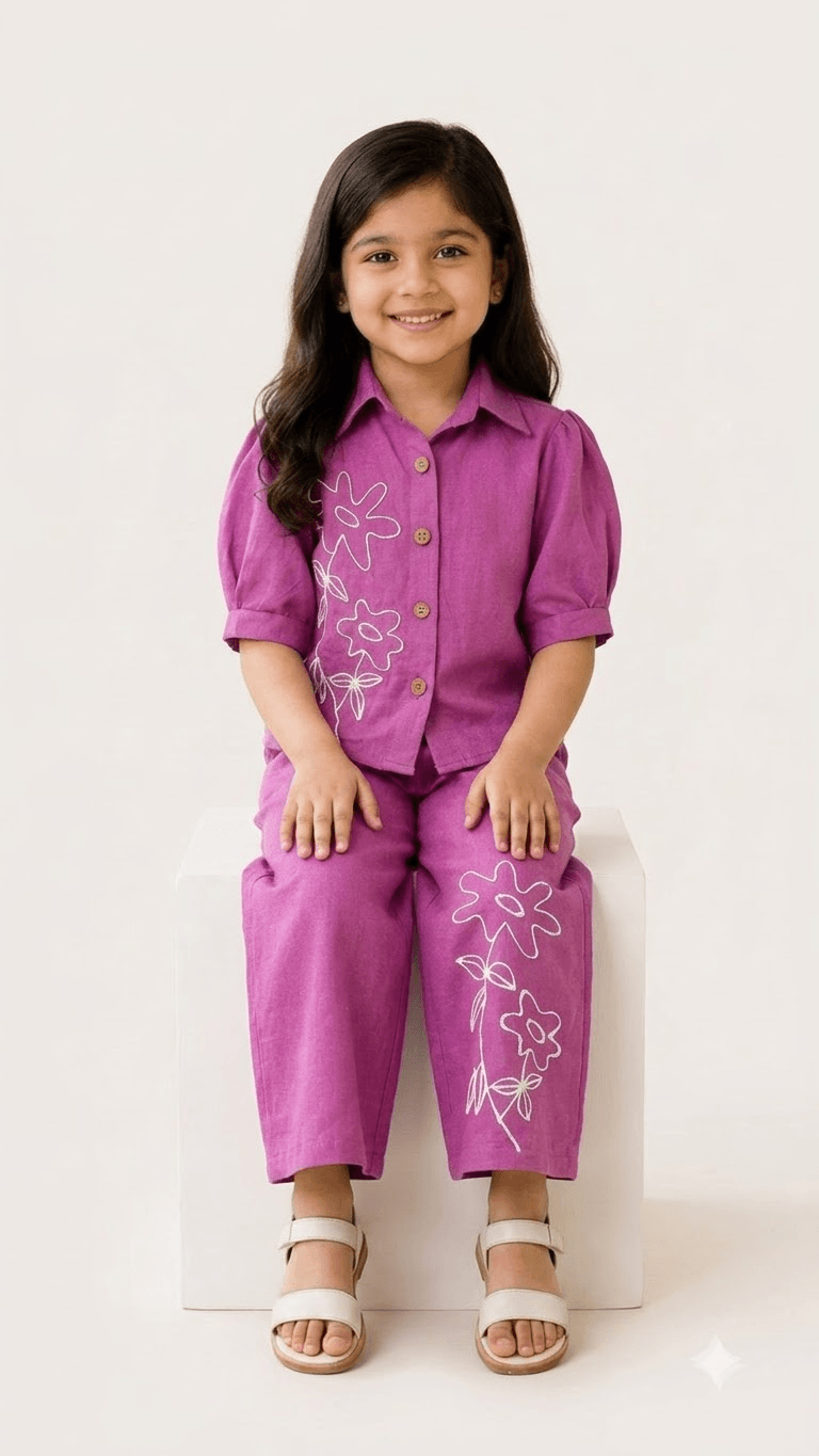 Girls Orchid Purple Linen Cotton Floral Embroidered Shirt with Wide-Leg Pants Co-Ord Set