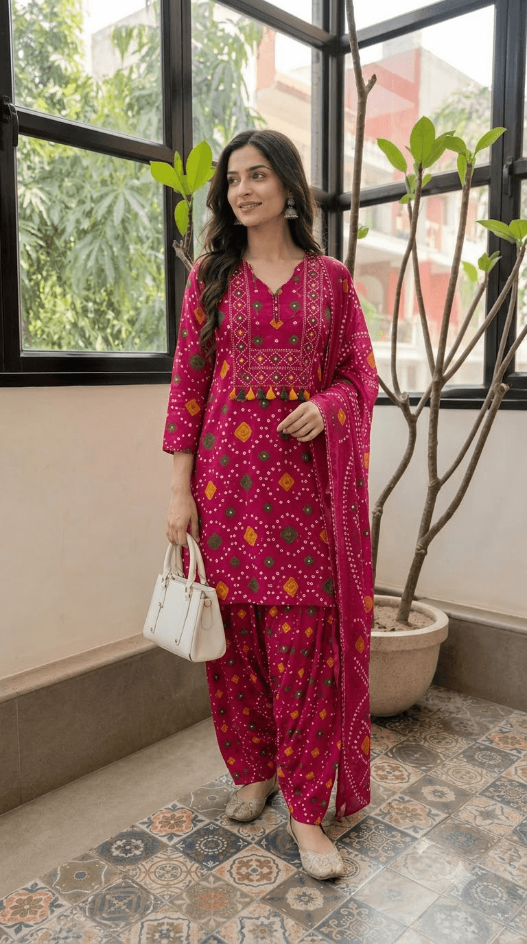 Women Magenta Bandhani Printed Cotton Patiala Suit Set with Dupatta