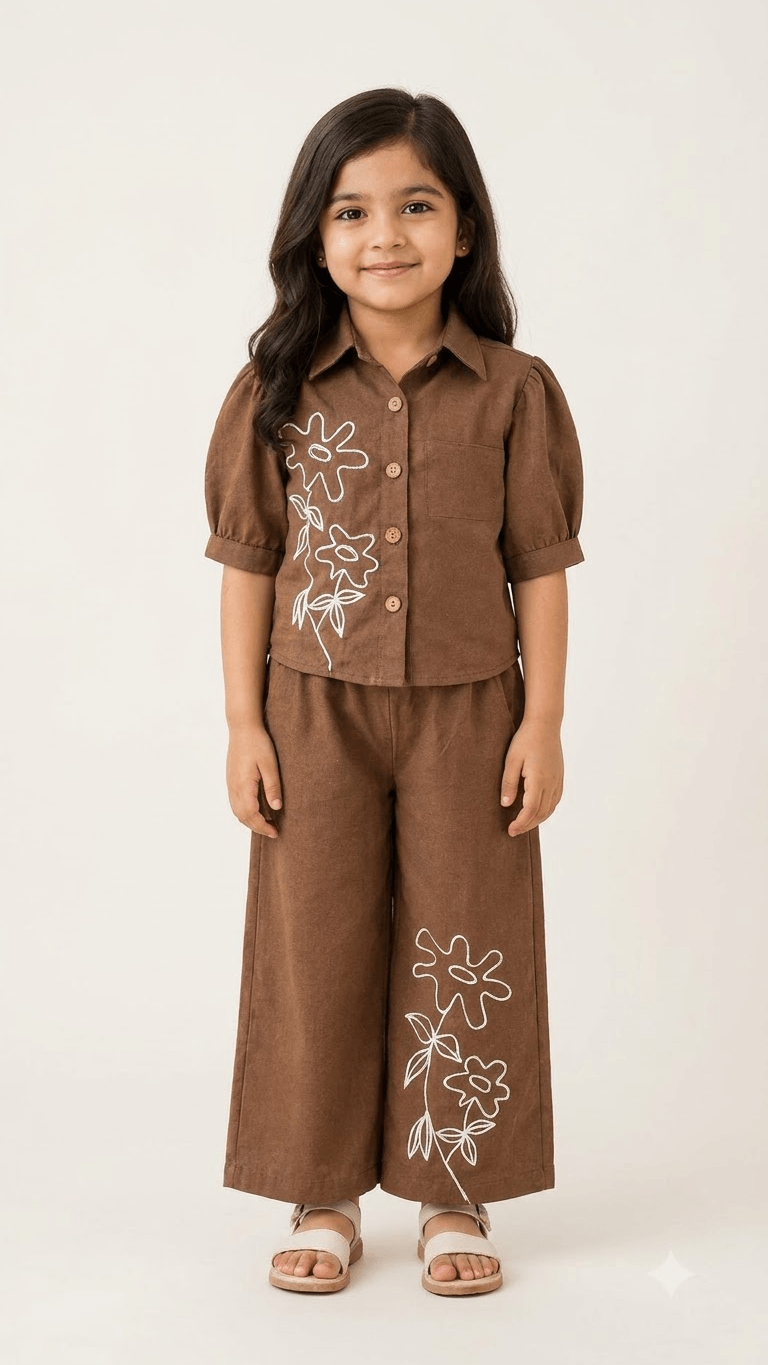 Girls Chestnut Brown Linen Cotton Floral Embroidered Shirt with Wide-Leg Pants Co-Ord Set