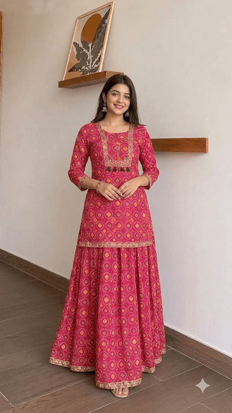 Rani Pink Bandhani-Print Cotton Kurta with Sharara and Dupatta Set