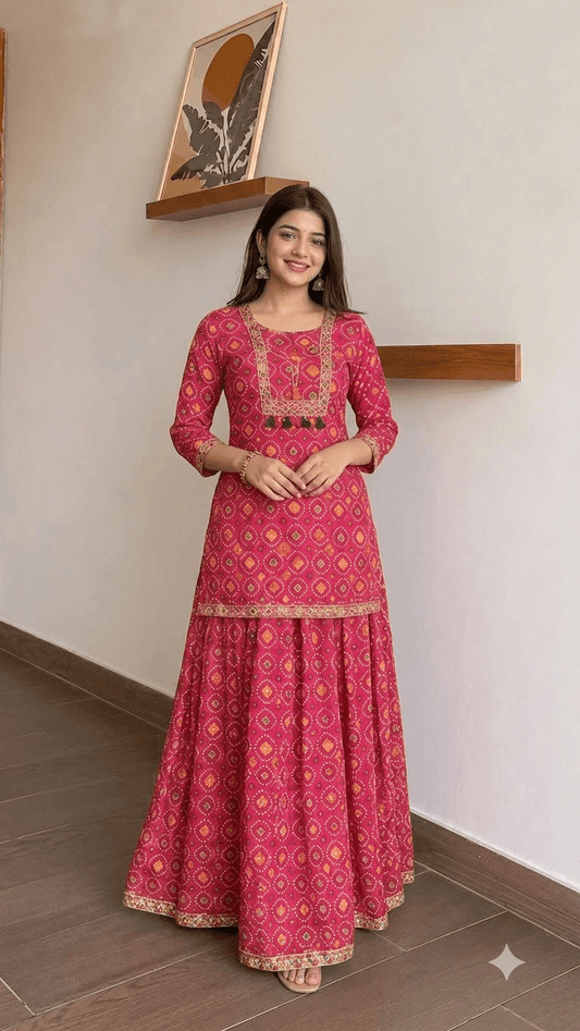 Rani Pink Bandhani-Print Cotton Kurta with Sharara and Dupatta Set