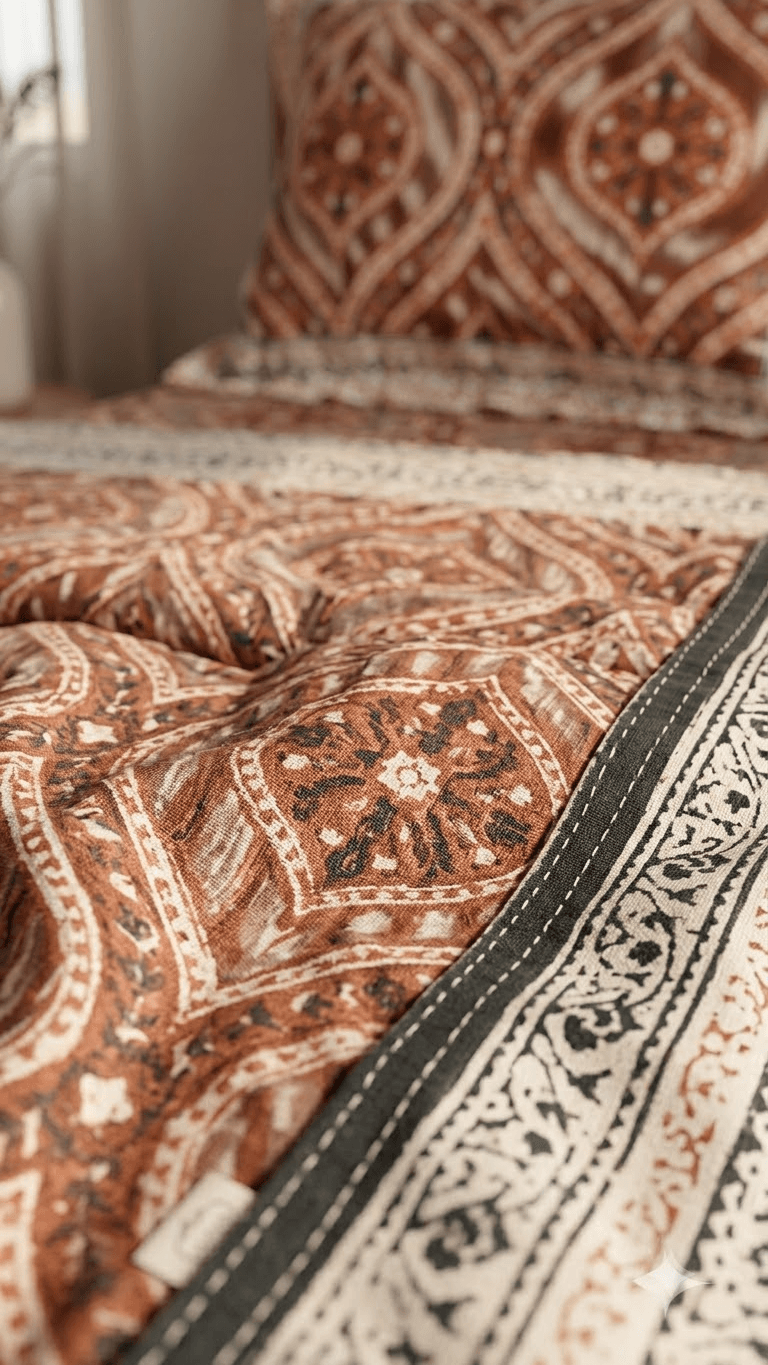 Rust Orange and Terracotta Block-Print Style Cotton Double Bedsheet with Pillow Covers
