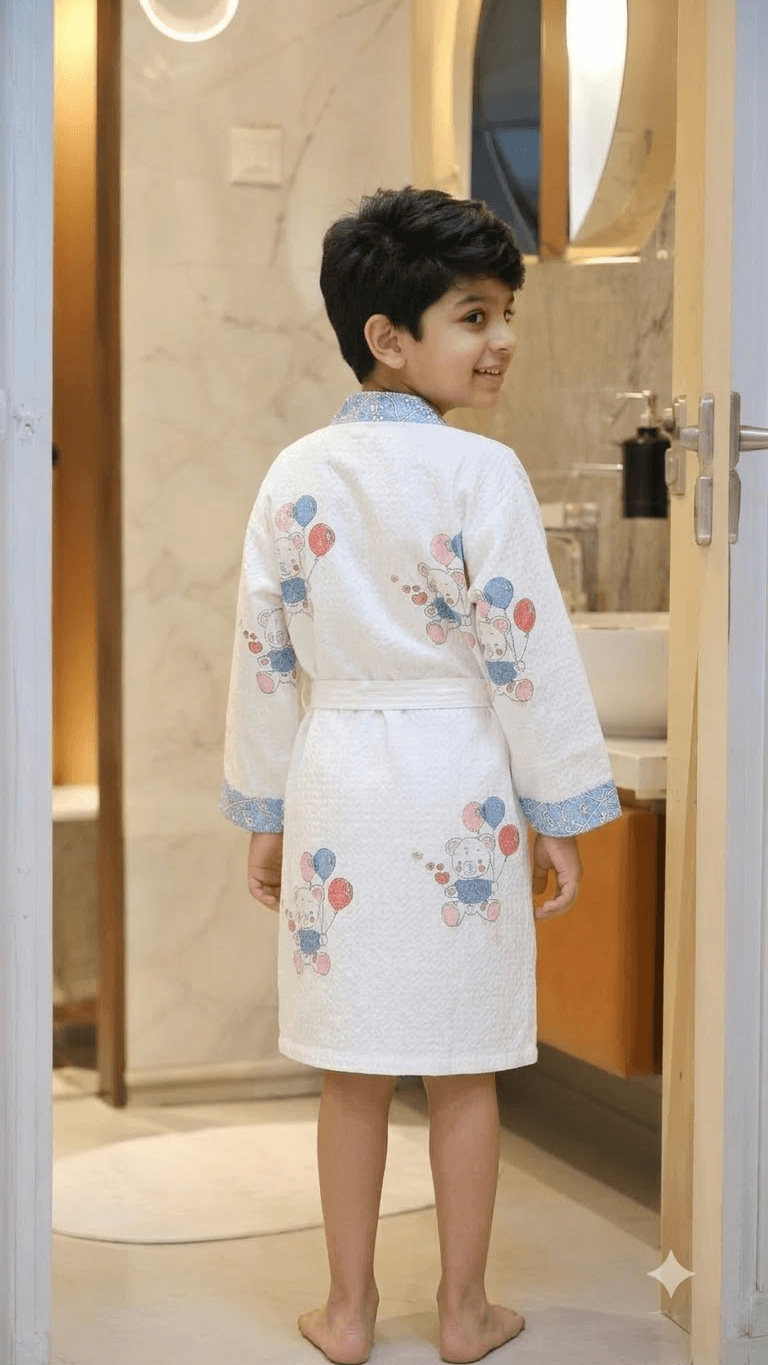 Kids Off-White & Powder Blue Elephant Balloon Printed 100% Cotton Waffle Bathrobe