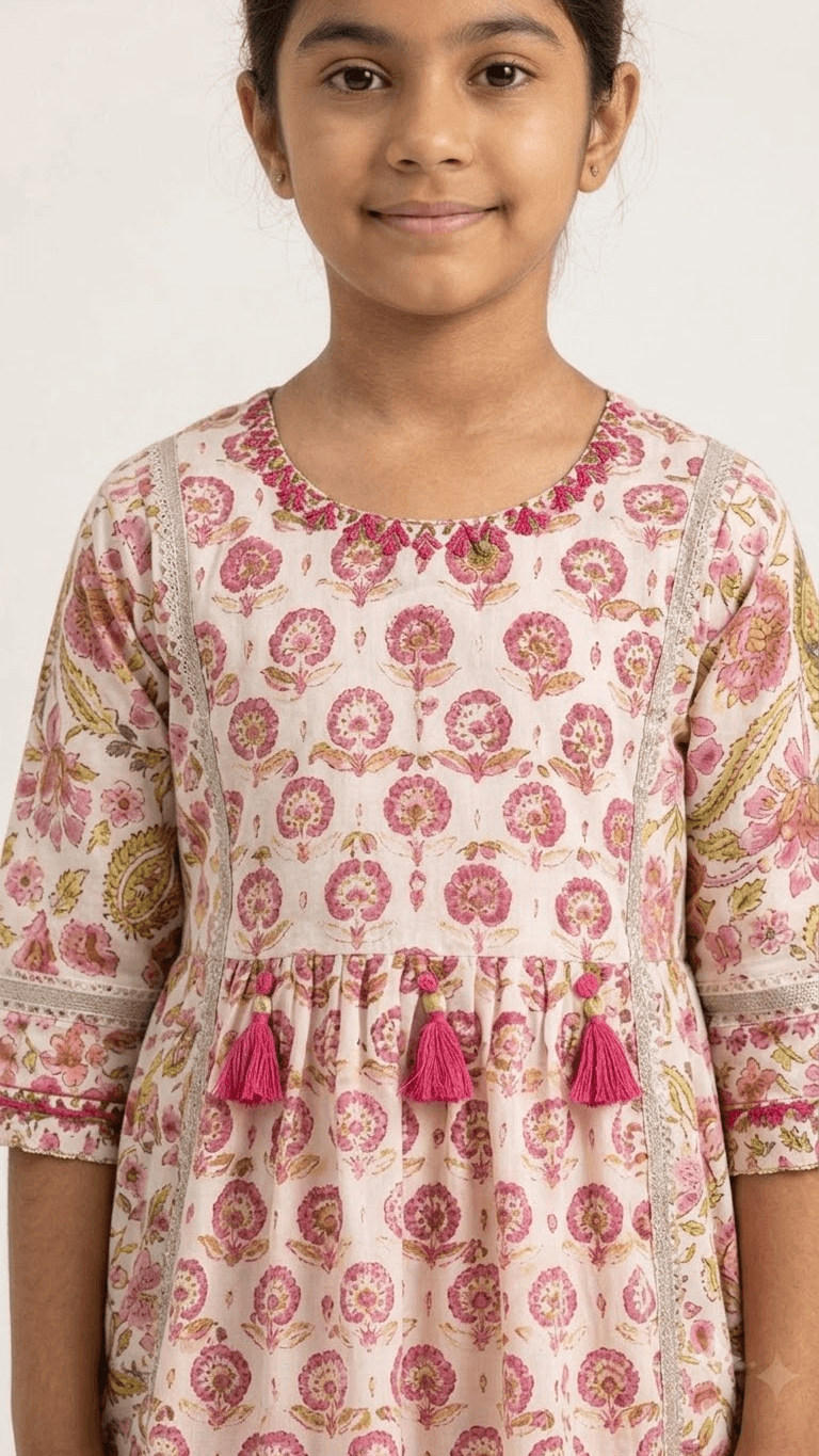 Girls Off-White & Pink Floral Block Printed Cotton Sharara Suit Set