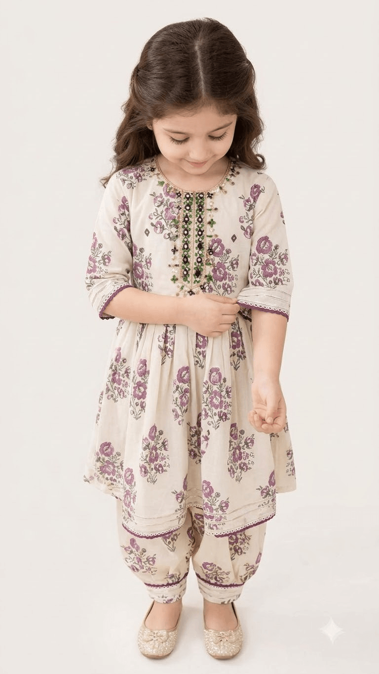 Girls Off-White & Purple Floral Printed Cotton Kurta with Dhoti Pant Set