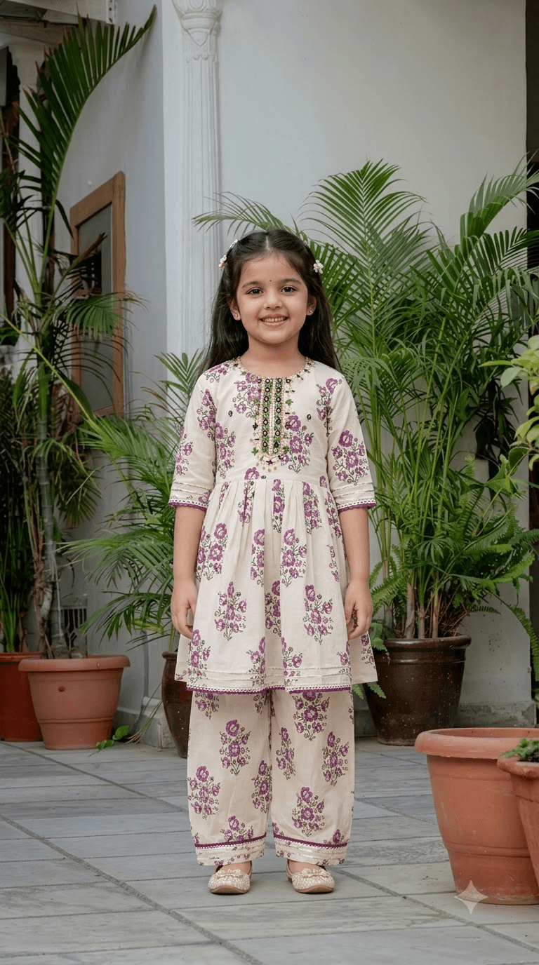 Girls Off-White & Purple Floral Printed Cotton Kurta with Straight Pant Set