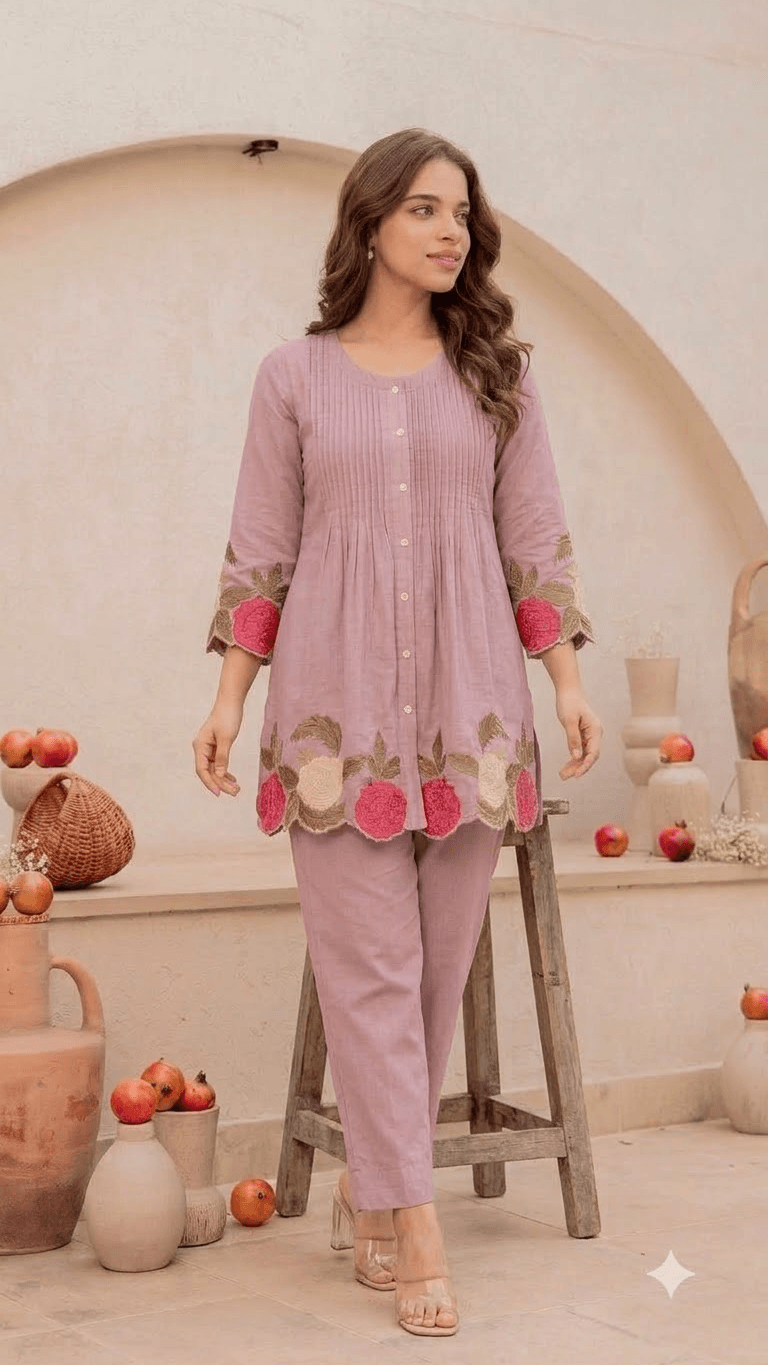 Lavender Embroidered Cotton Kurta with Matching Trouser Set