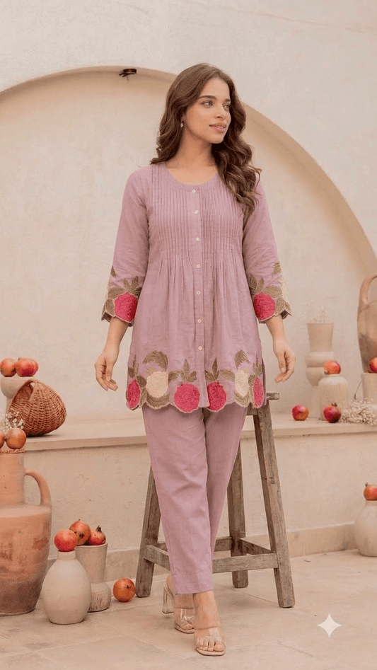 Lavender Embroidered Cotton Kurta with Matching Trouser Set
