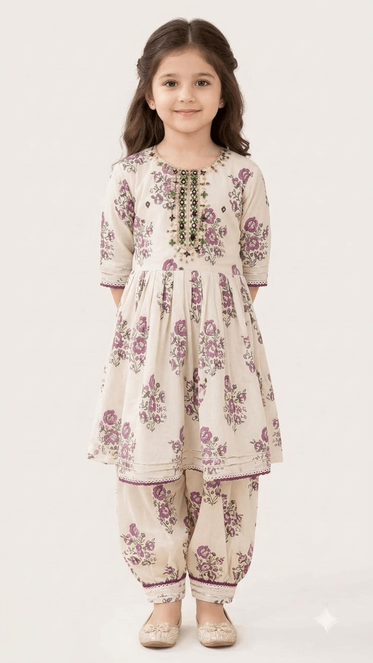 Girls Off-White & Purple Floral Printed Cotton Kurta with Dhoti Pant Set
