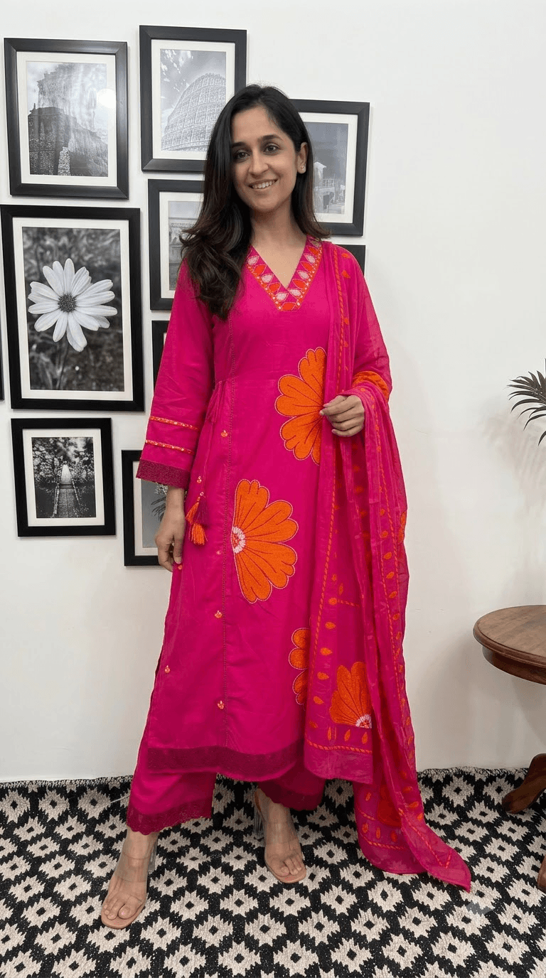 Hot Pink Embroidered Cotton Kurta, Salwar with Dupatta Set
