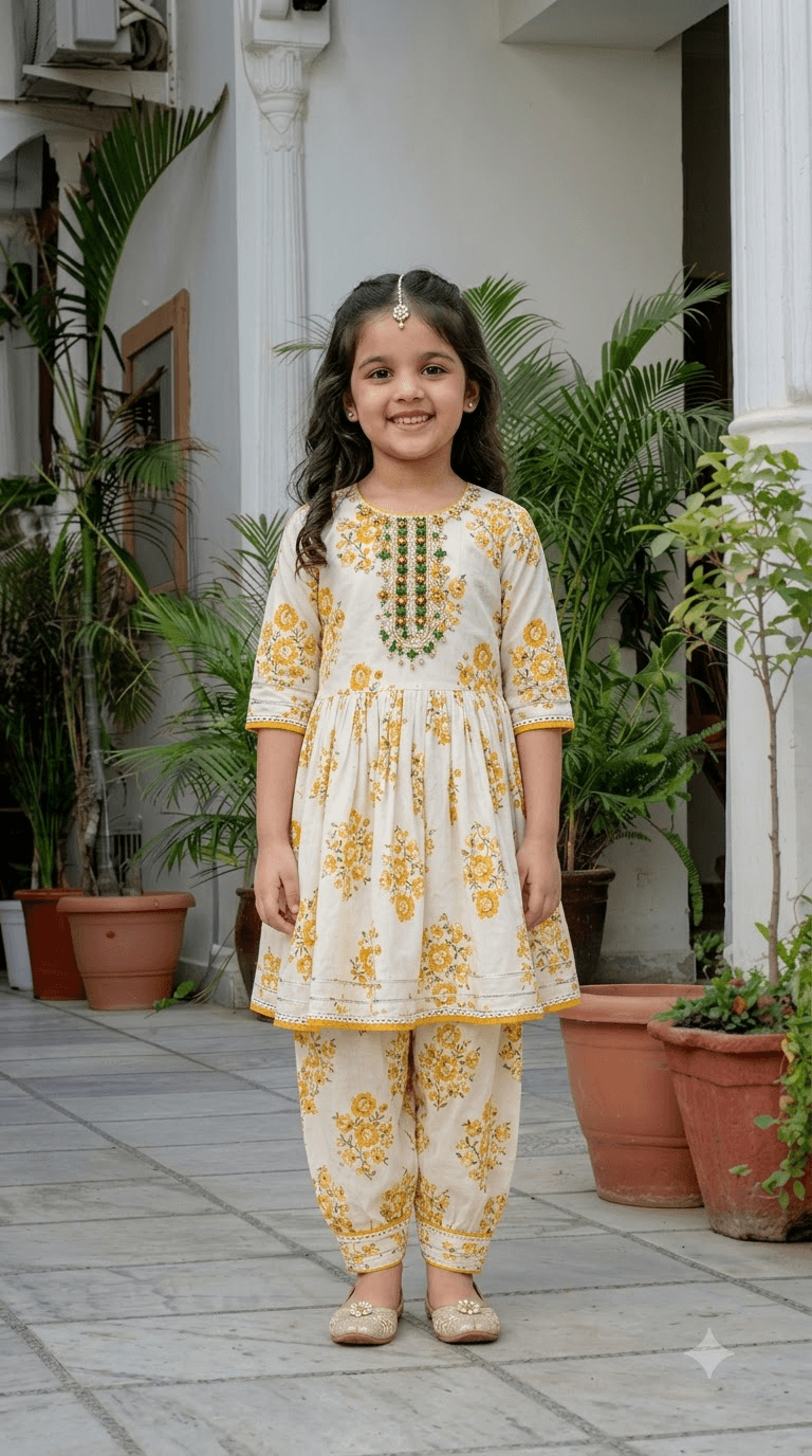 Girls Off-White & Yellow Floral Block Printed Cotton Kurta with Dhoti Pant Set