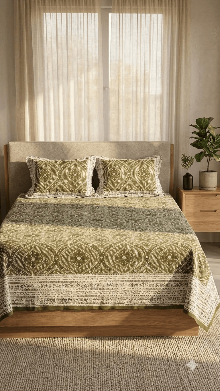 Olive Green and Gold Block-Print Style Cotton Double Bedsheet with Pillow Covers