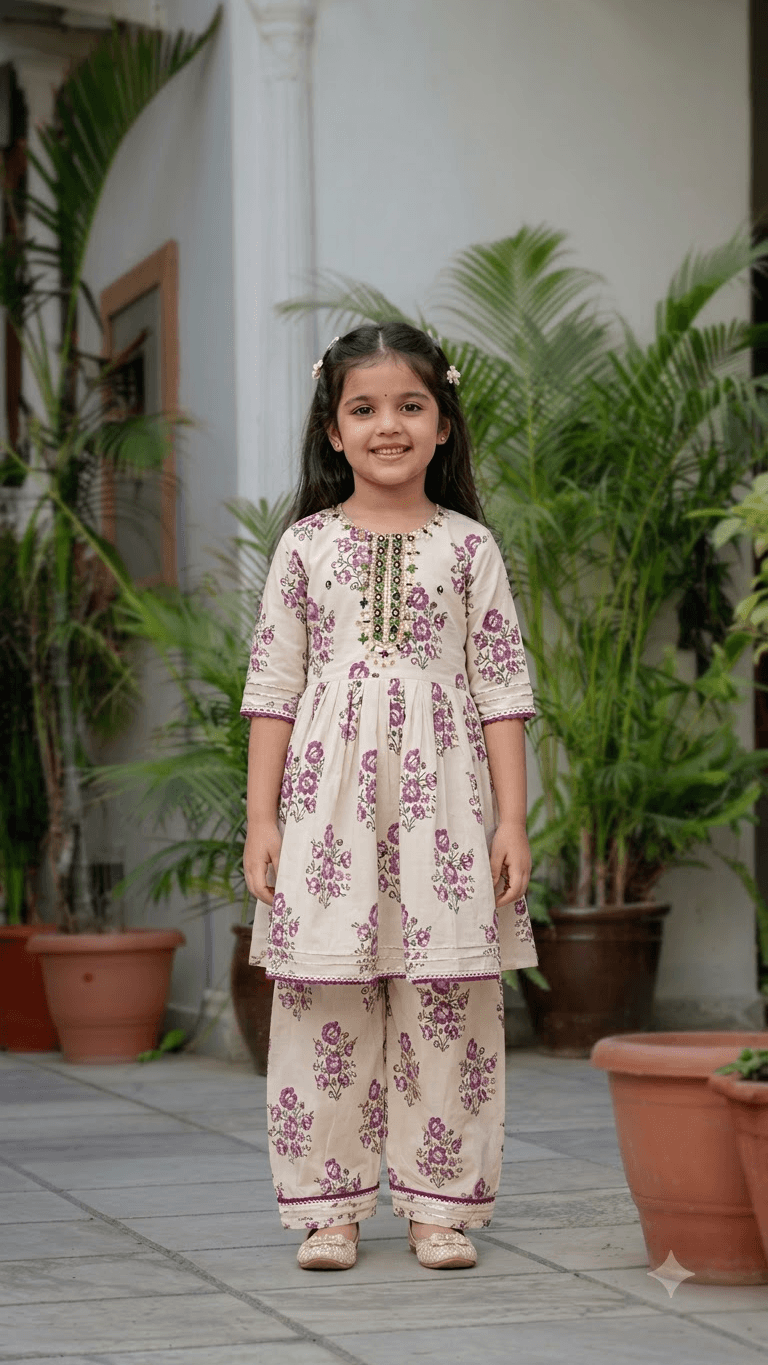 Girls Off-White & Purple Floral Printed Cotton Kurta with Straight Pant Set