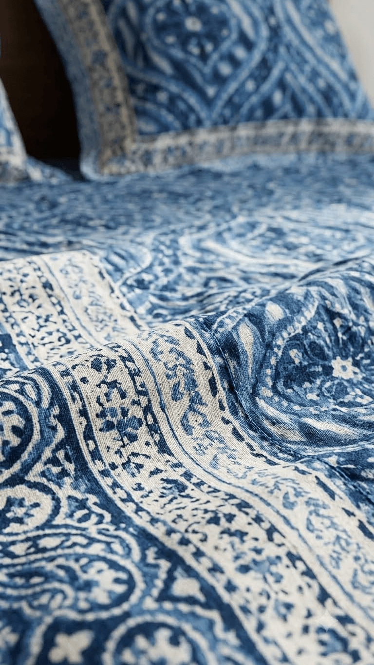 Blue and Indigo Block-Print Style Cotton Double Bedsheet with Pillow Covers