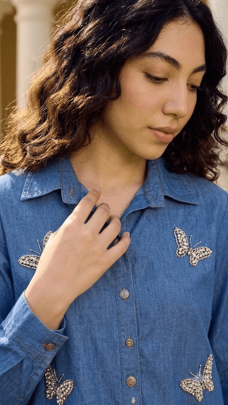 Blue Butterfly-Embroidered Denim Shirt with Wide-Leg Trouser Set