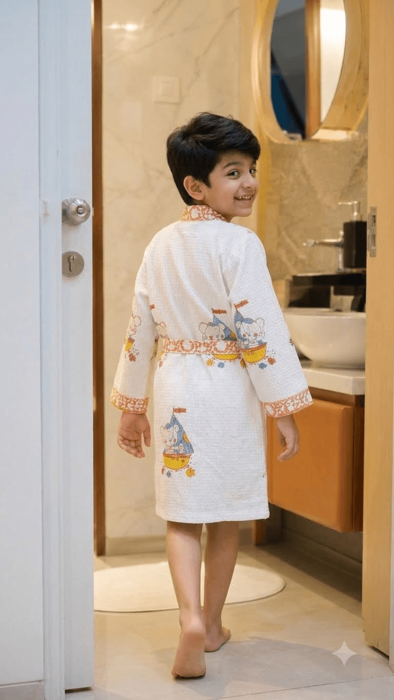 Kids Off-White & Terracotta Sailor Elephant Printed 100% Cotton Waffle Bathrobe