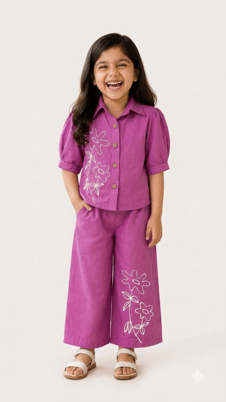 Girls Orchid Purple Linen Cotton Floral Embroidered Shirt with Wide-Leg Pants Co-Ord Set