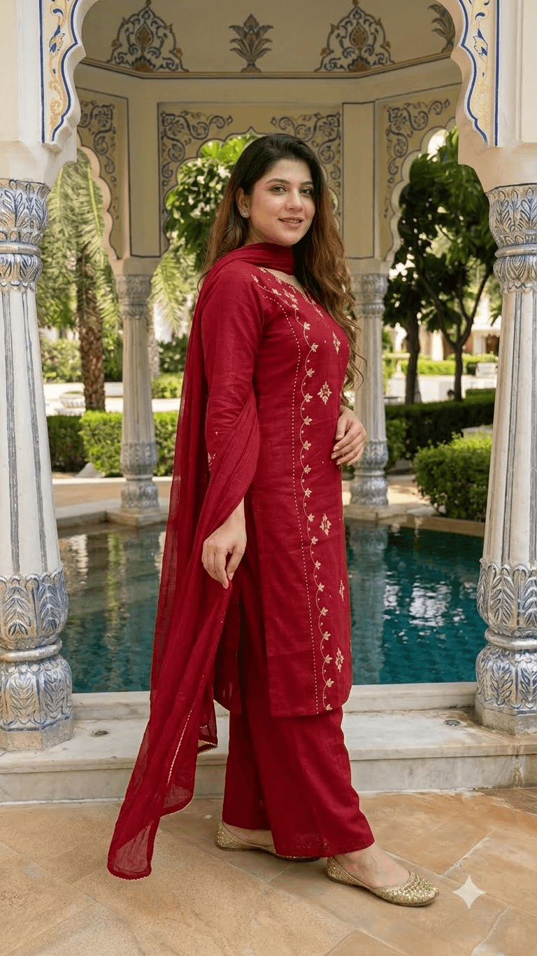 Maroon Embroidered Cotton Kurta with Sharara and Dupatta Set