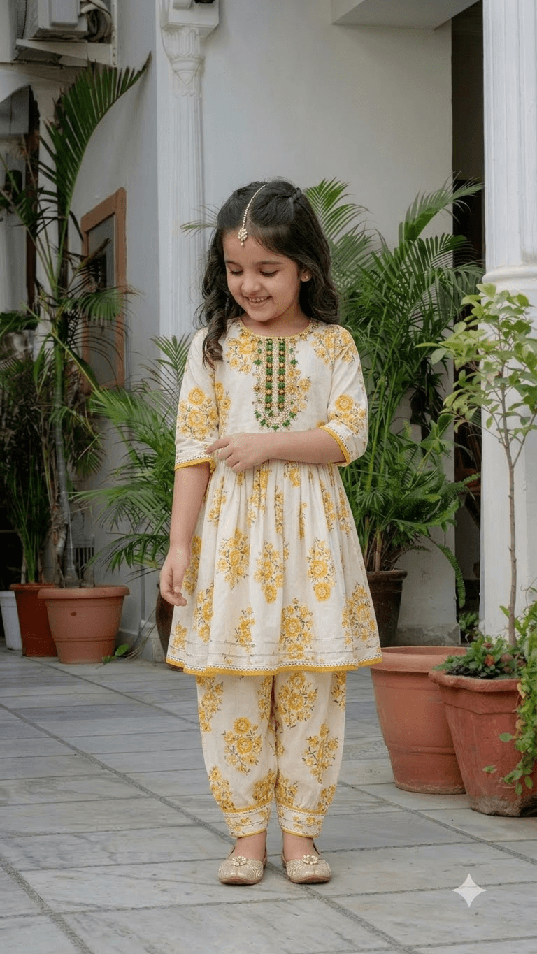 Girls Off-White & Yellow Floral Block Printed Cotton Kurta with Dhoti Pant Set