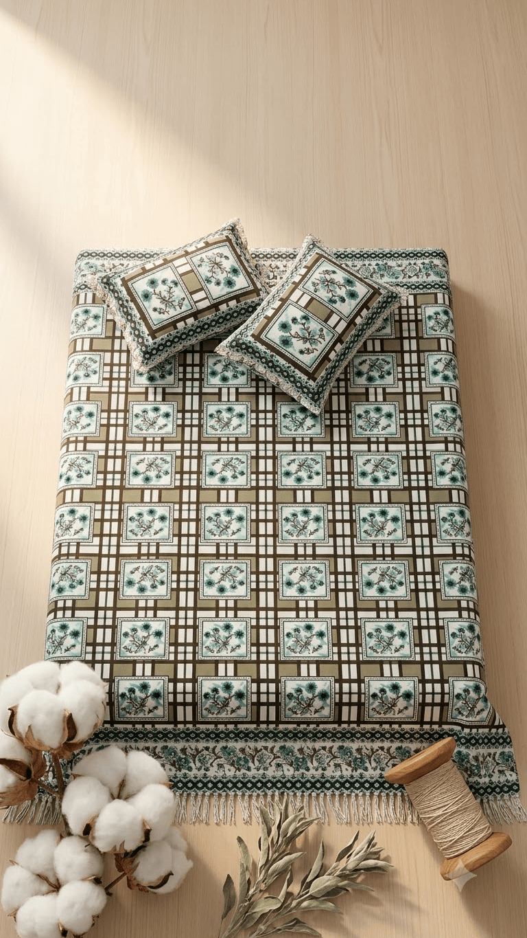Teal and Beige Geometric Floral Block-Print Style Cotton Double Bedsheet with Lace Pillow Covers
