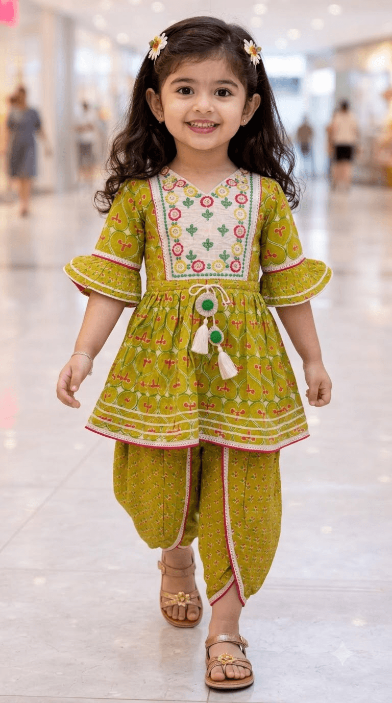 Girls Olive Green Printed Cotton Kurta with Dhoti Pant Set & Embroidered Yoke