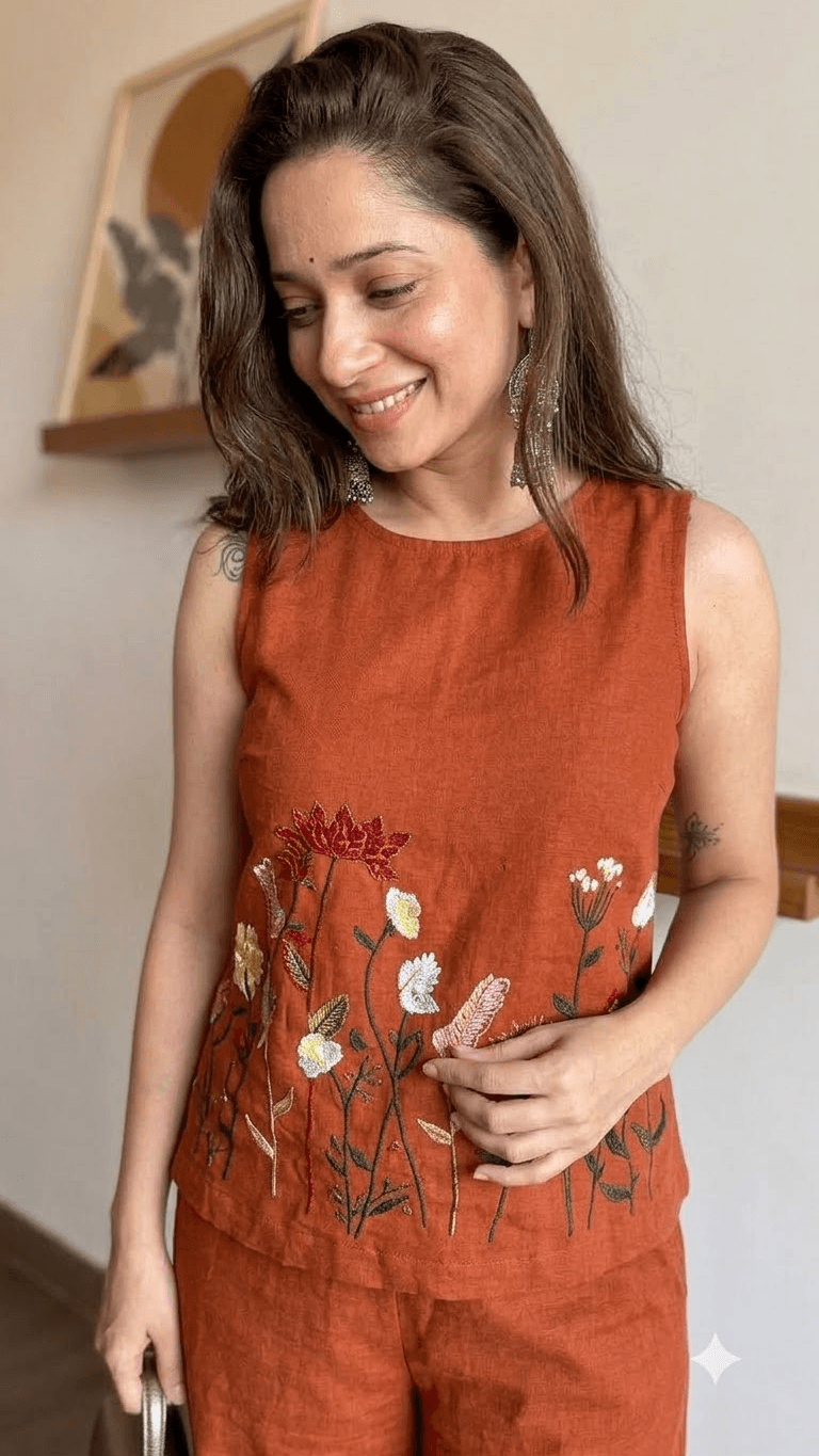 Rust Orange Embroidered Cotton Sleeveless Top with Wide-Leg Trouser Set