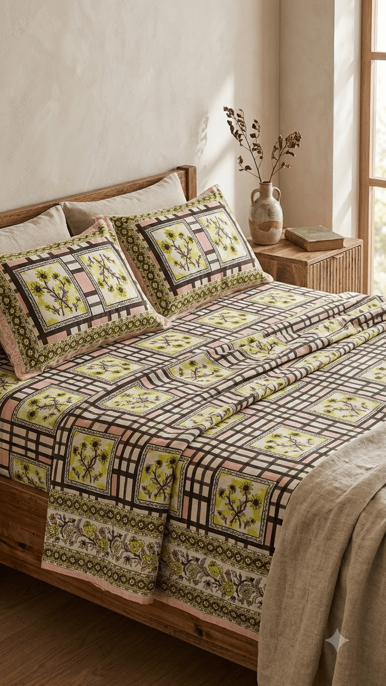 Olive Green and Pink Geometric Check Block-Print Style Cotton Double Bedsheet with Pillow Covers