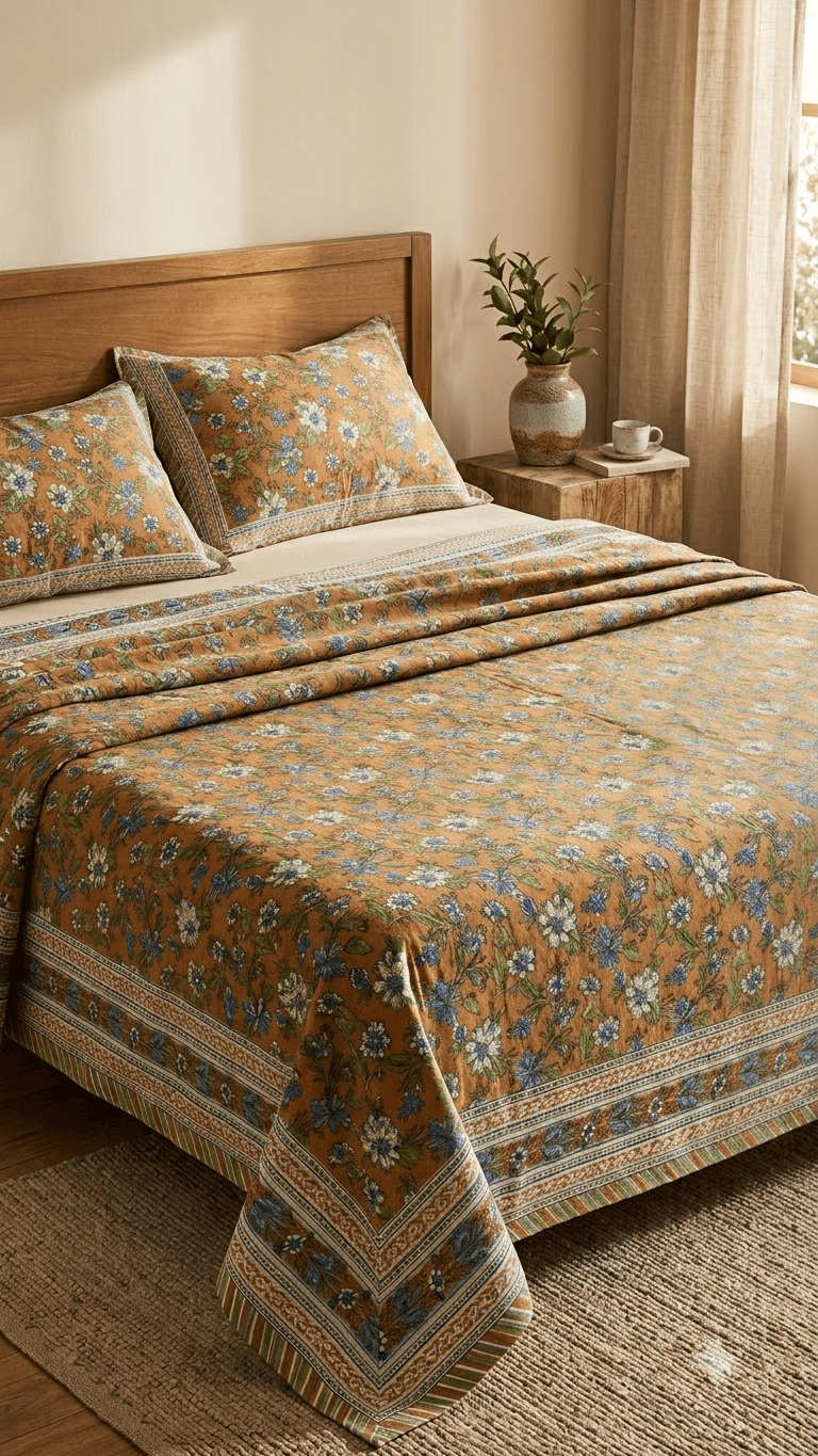 Mustard and Blue Floral Block-Print Style Cotton Double Bedsheet with Pillow Covers