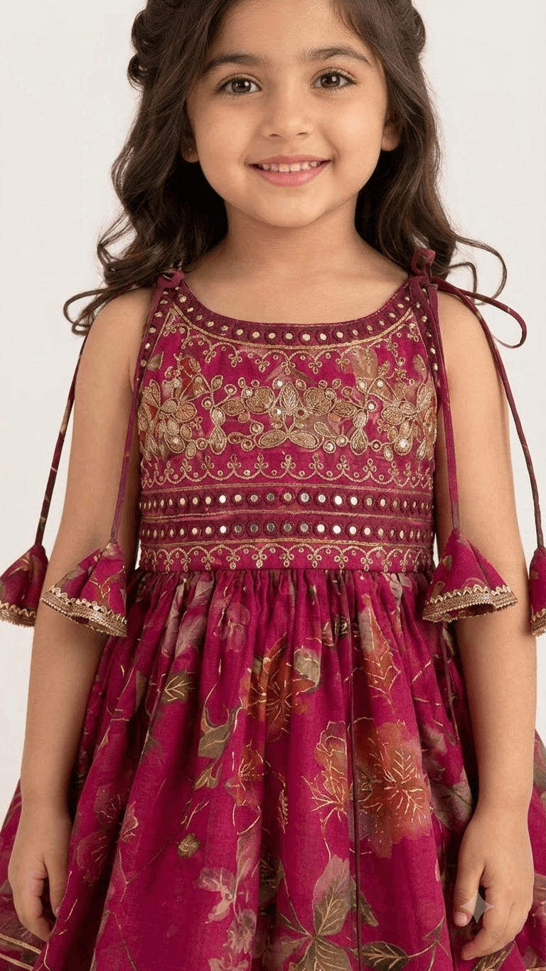 Girls Magenta Pink Floral Printed Peplum Kurta with Dhoti Pant Set