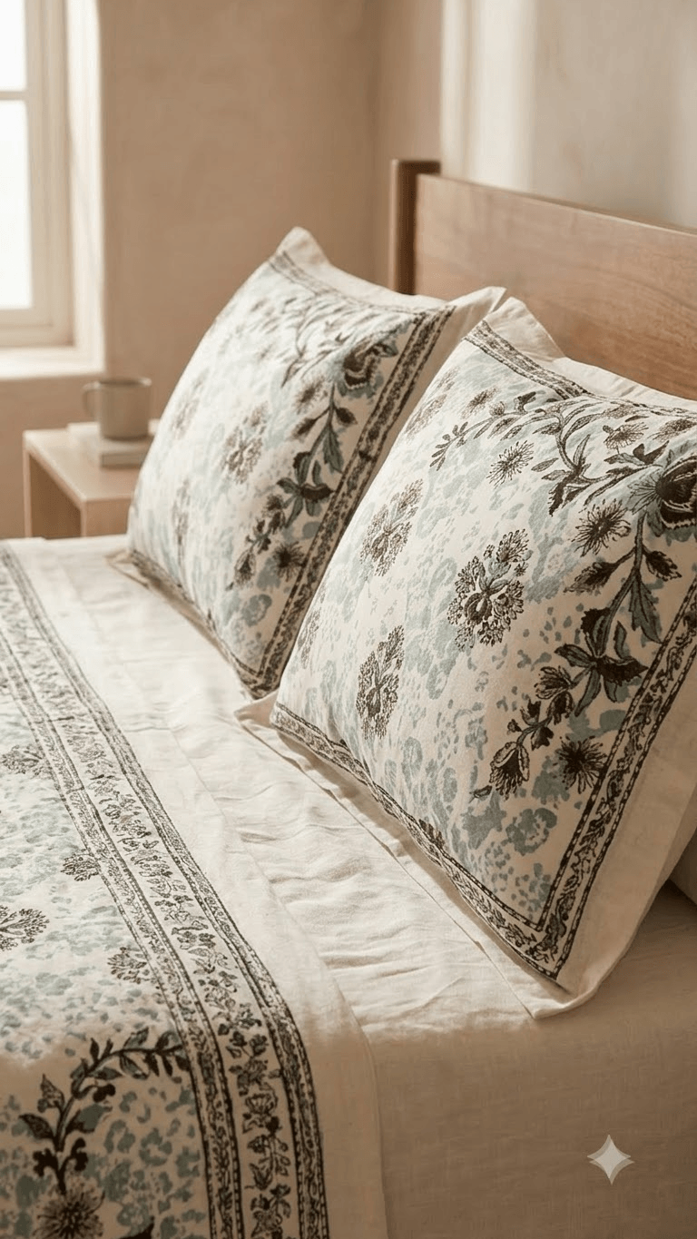 Mint Green and Dark Floral Block-Print Style Cotton Double Bedsheet with Pillow Covers