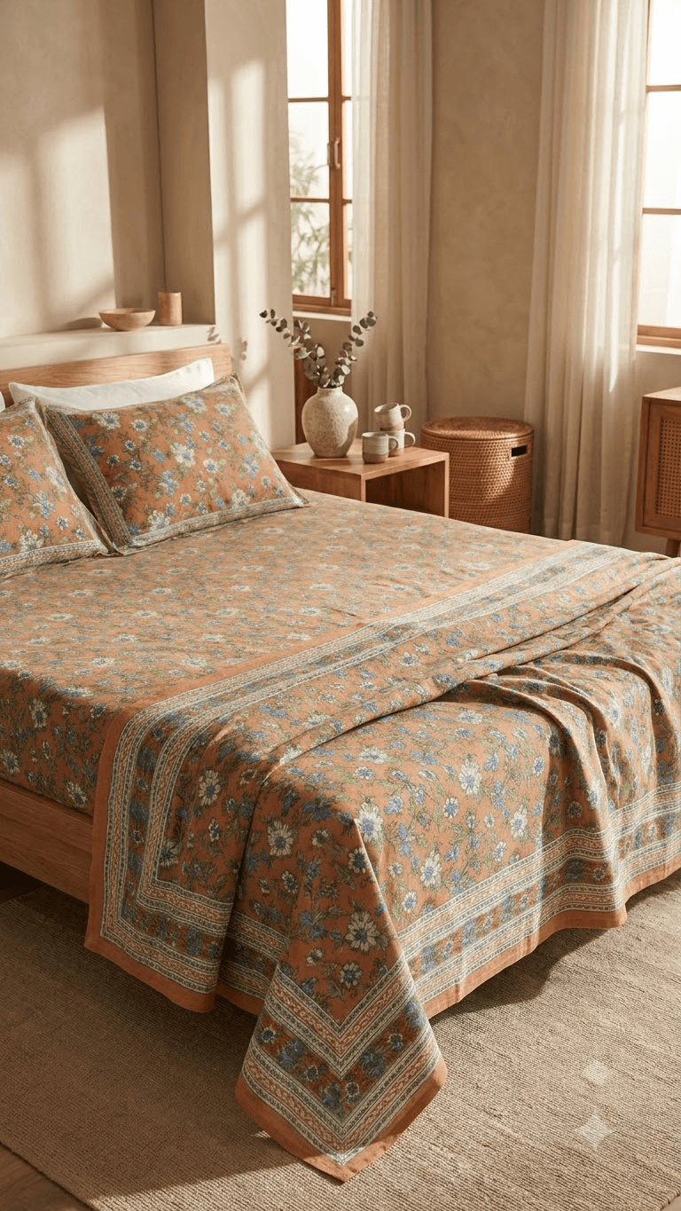 Mustard and Blue Floral Block-Print Style Cotton Double Bedsheet with Pillow Covers