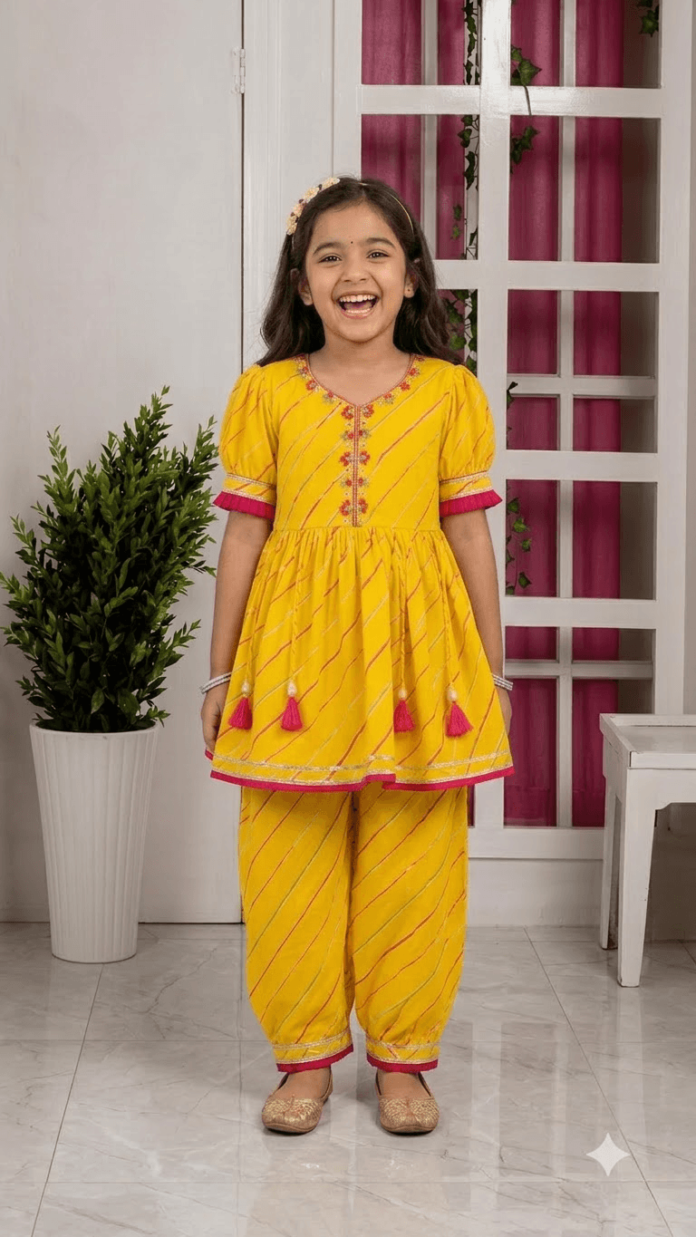 Girls Yellow & Pink Leheriya Printed Cotton Kurta with Dhoti Pant Set