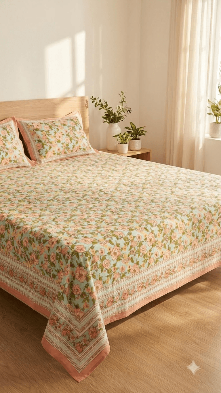 Mint Green and Peach Floral Block-Print Style Cotton Double Bedsheet with Pillow Covers