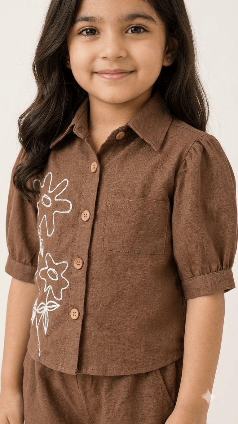 Girls Chestnut Brown Linen Cotton Floral Embroidered Shirt with Wide-Leg Pants Co-Ord Set