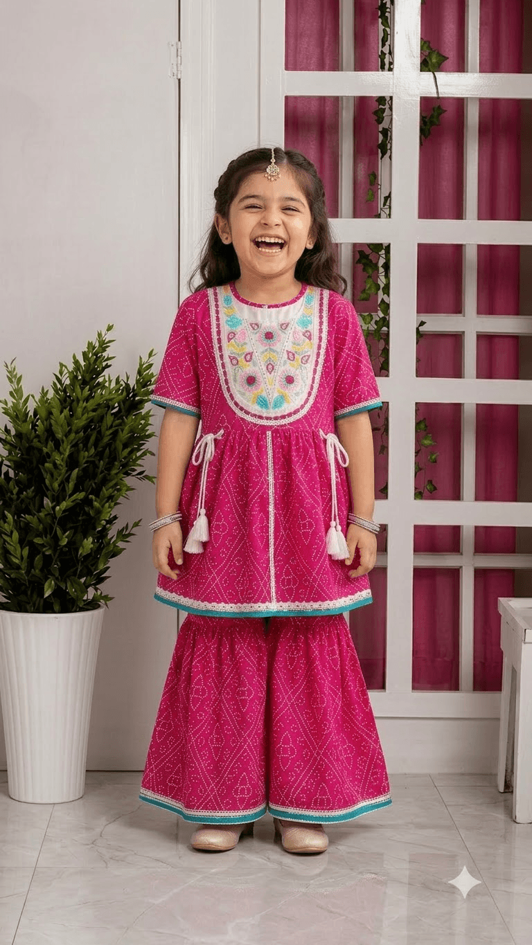 Girls Fuchsia Pink Bandhani Printed Cotton Sharara Suit Set with Embroidered Yoke