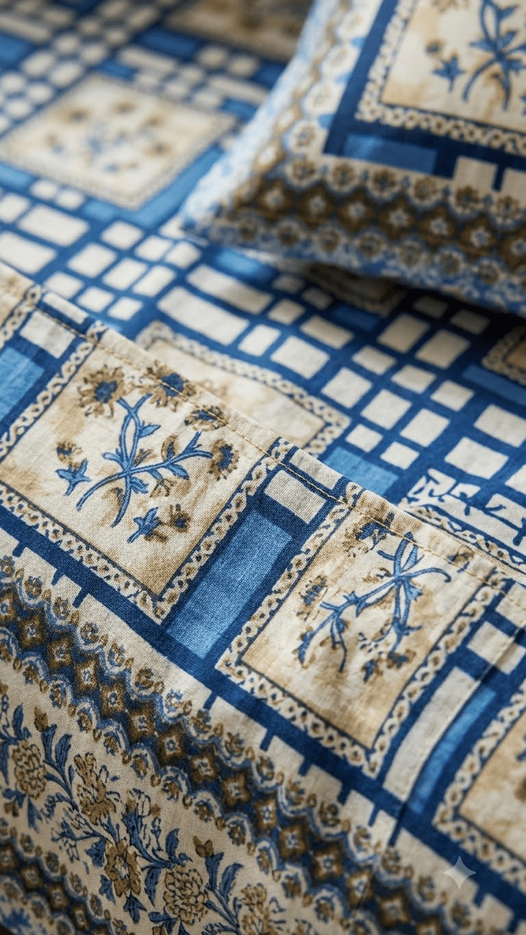 Royal Blue and Beige Geometric Floral Block-Print Style Cotton Double Bedsheet with Pillow Covers