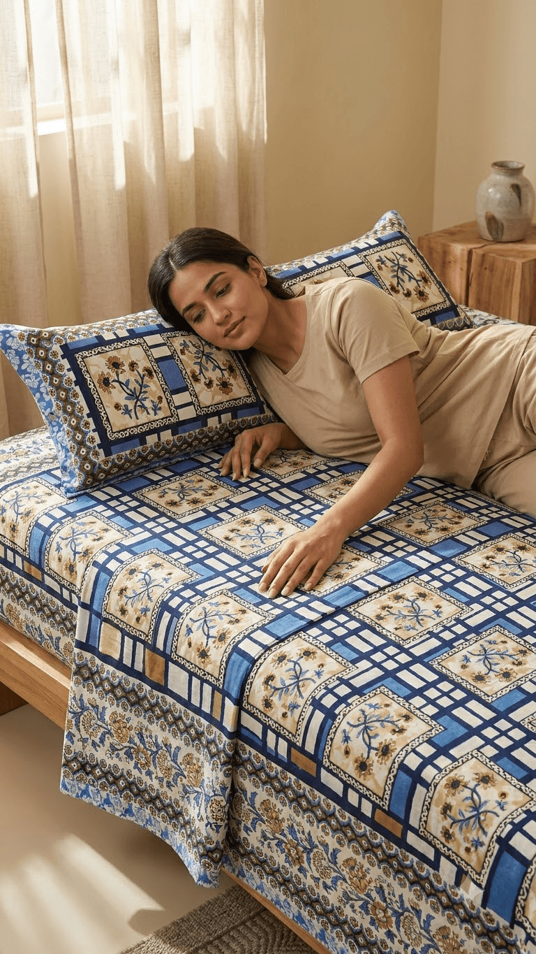 Royal Blue and Beige Geometric Floral Block-Print Style Cotton Double Bedsheet with Pillow Covers