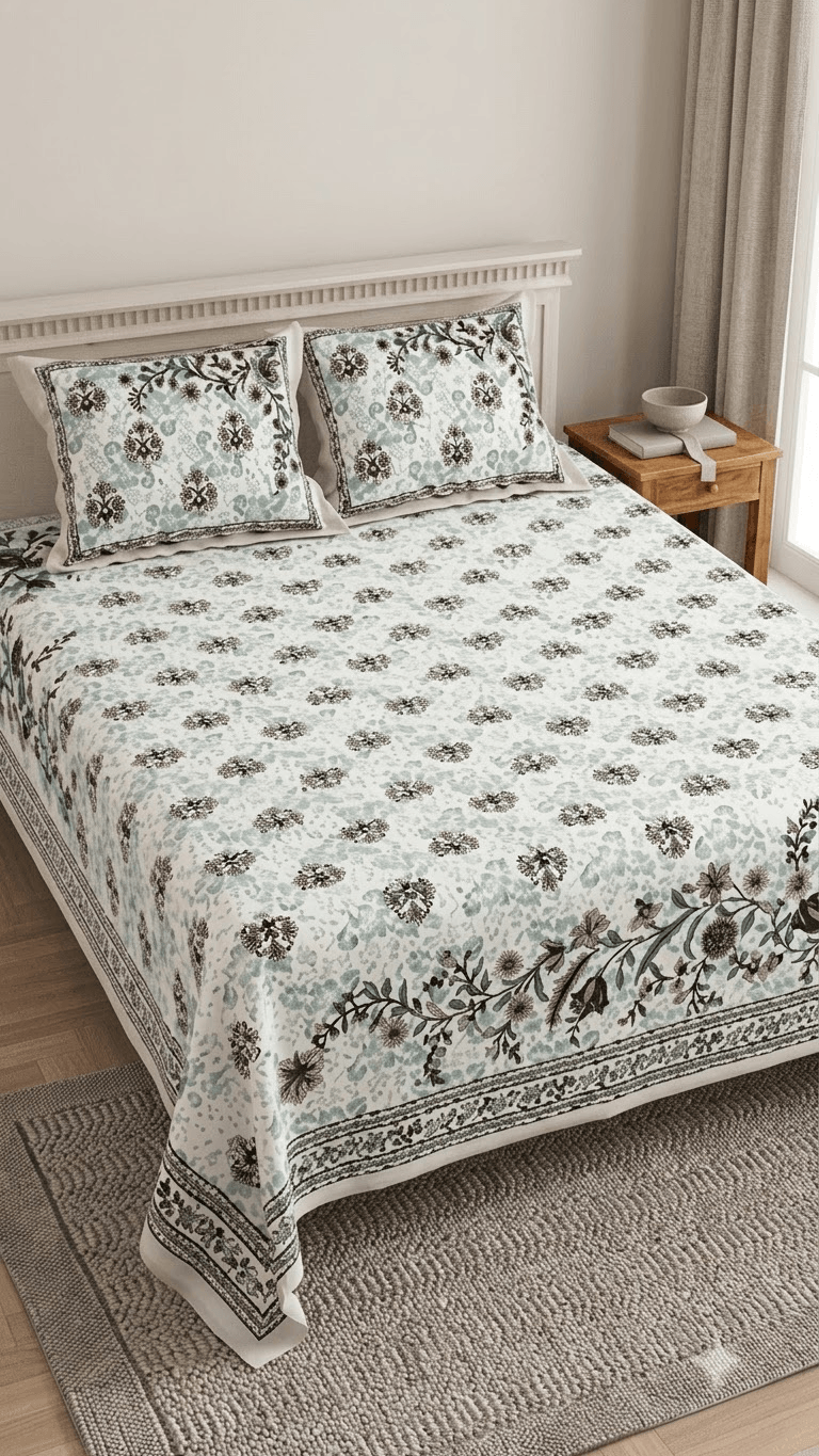 Mint Green and Dark Floral Block-Print Style Cotton Double Bedsheet with Pillow Covers