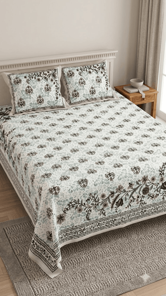 Mint Green and Dark Floral Block-Print Style Cotton Double Bedsheet with Pillow Covers