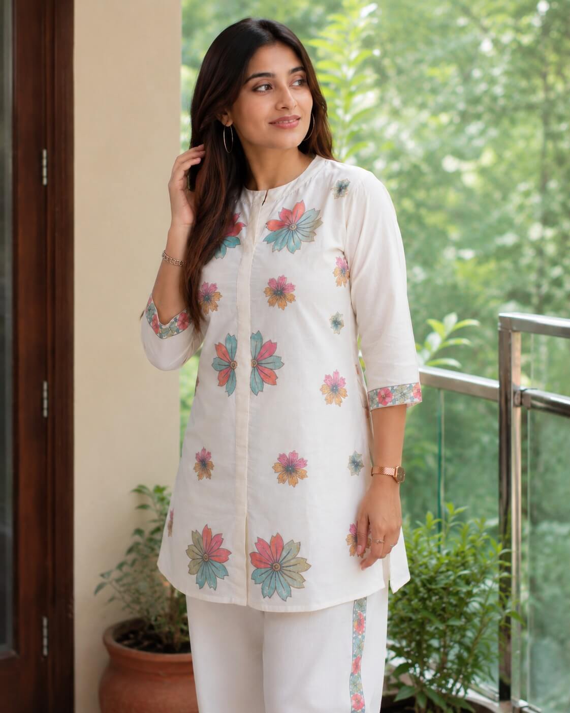 Off-White Cotton Short Kurta Co-Ord Set with Pastel Floral Motifs & Striped Pants