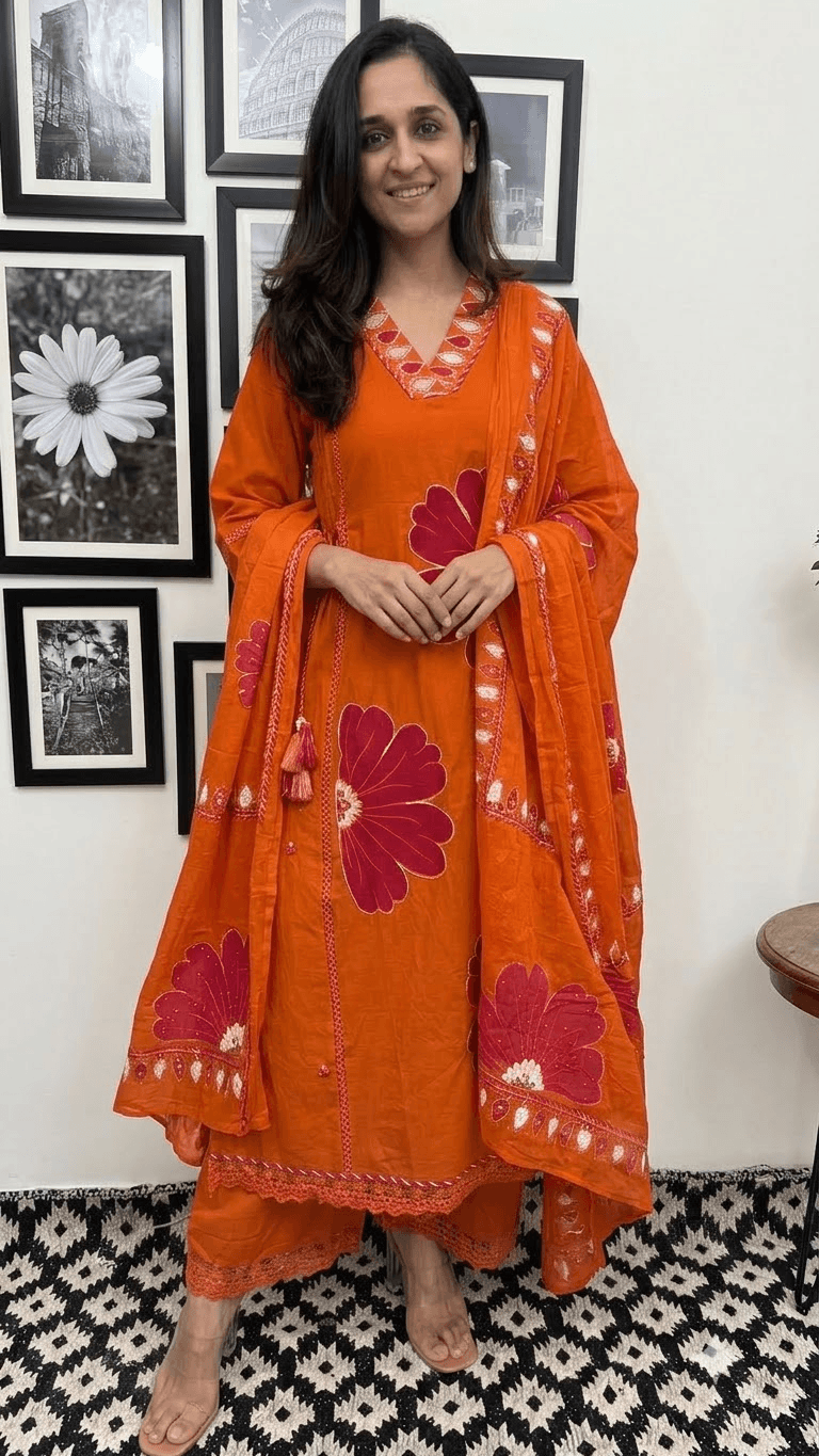 Orange Embroidered Cotton Kurta, Salwar with Dupatta Set