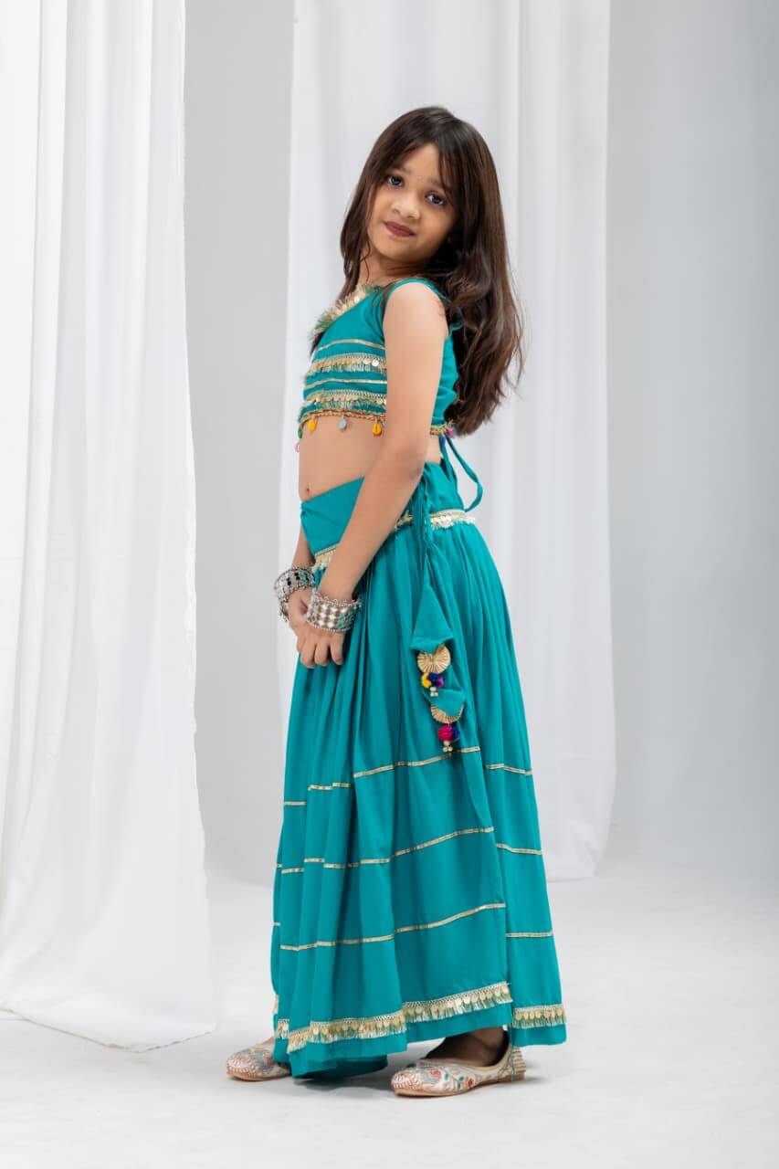 Girls Navratri Special Teal Blue Cotton Lehenga Choli Set with Coin Fringe & Kamarbelt