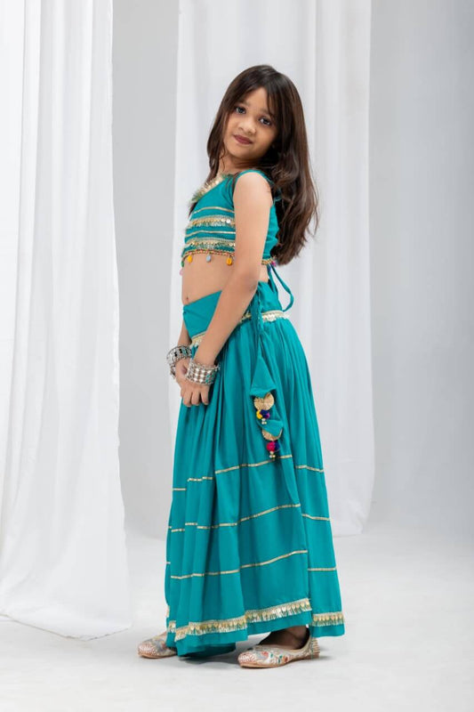 Girls Navratri Special Teal Blue Cotton Lehenga Choli Set with Coin Fringe & Kamarbelt