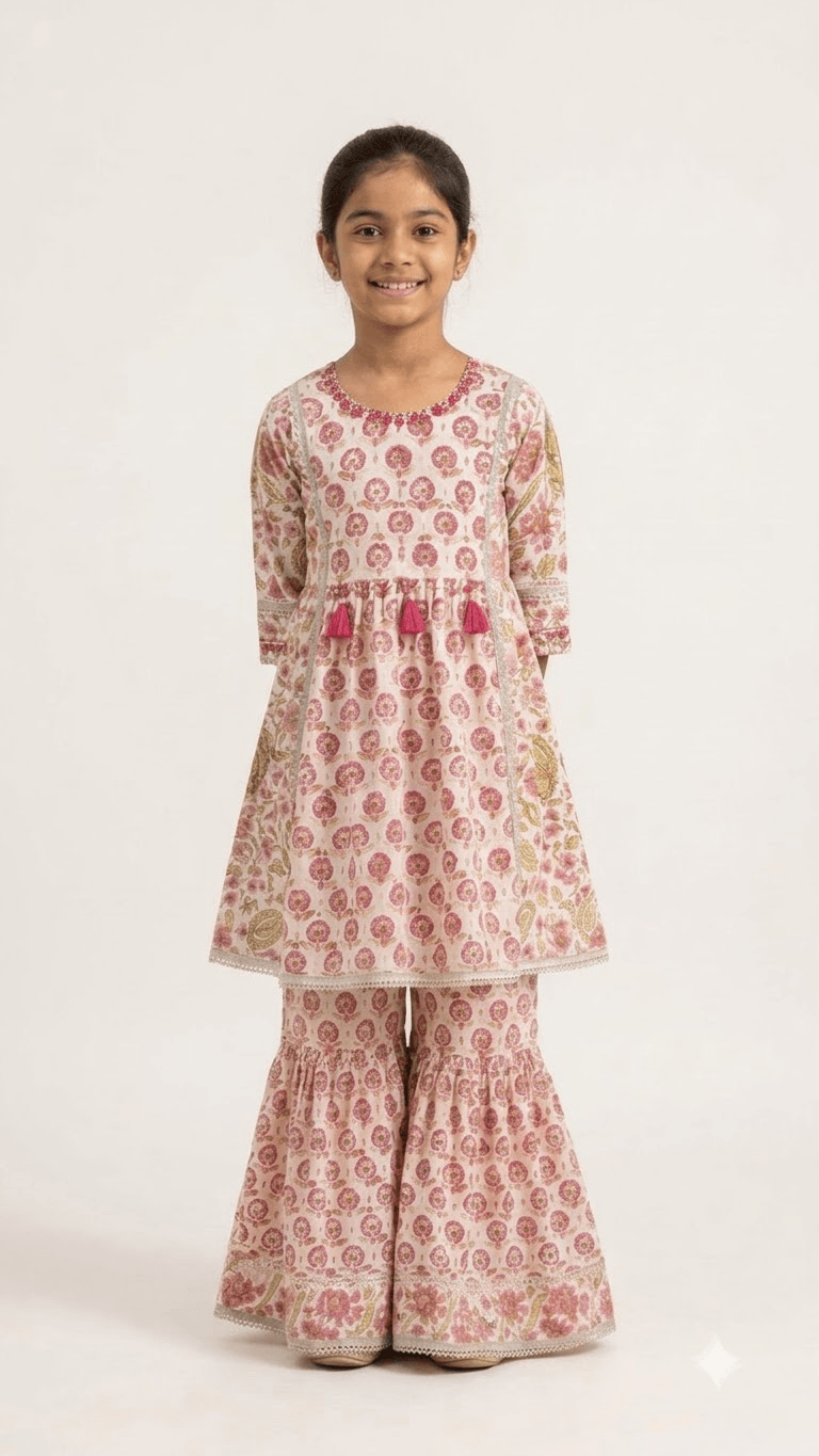Girls Off-White & Pink Floral Block Printed Cotton Sharara Suit Set