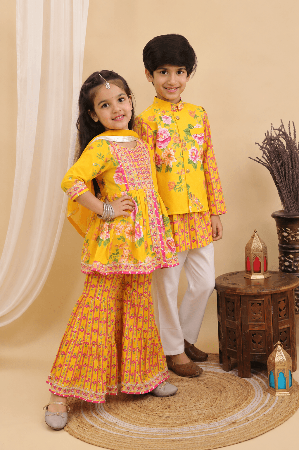 Bright Yellow Jaipuri Sibling Set for Kids – Festive Ethnic Wear