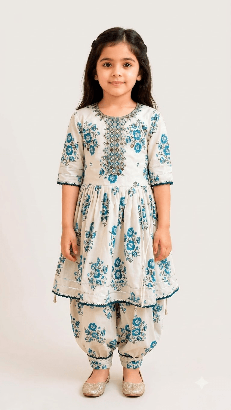 Girls Off-White & Turquoise Blue Floral Printed Cotton Kurta with Dhoti Pant Set