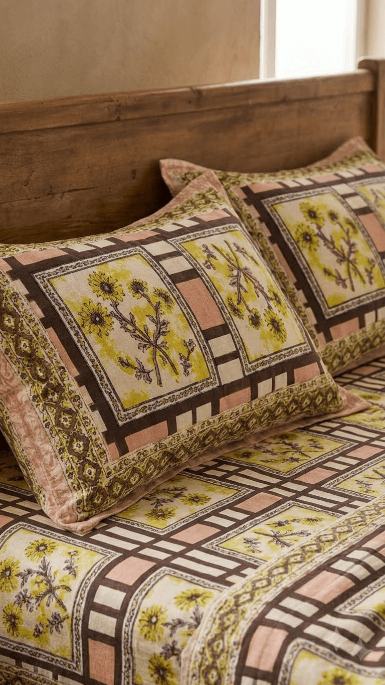 Olive Green and Pink Geometric Check Block-Print Style Cotton Double Bedsheet with Pillow Covers