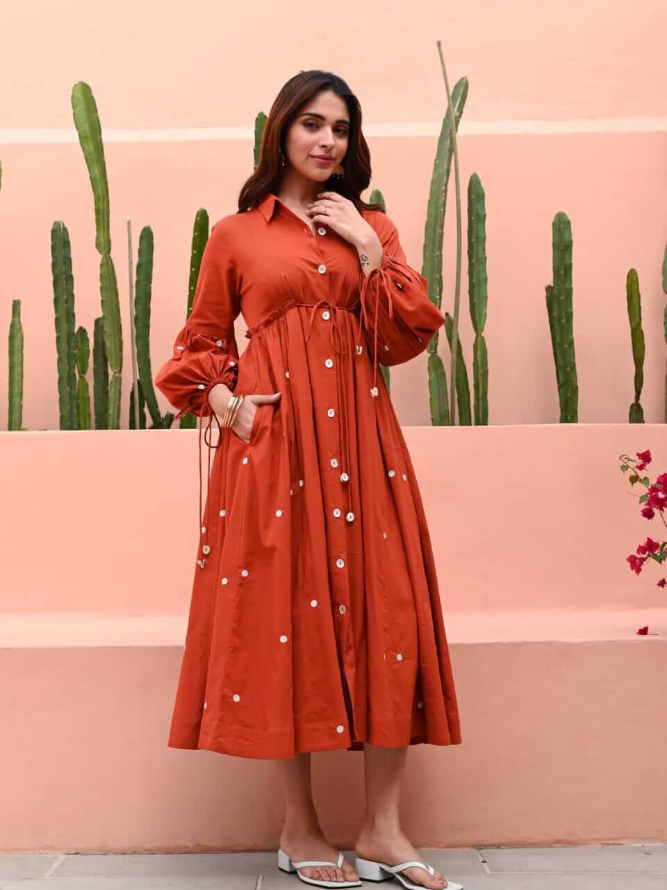 Rust Orange Flared Shirt Dress with Mirror Work Embellishments & Statement Sleeves