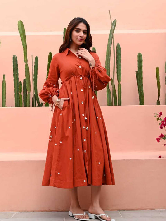 Rust Orange Flared Shirt Dress with Mirror Work Embellishments & Statement Sleeves